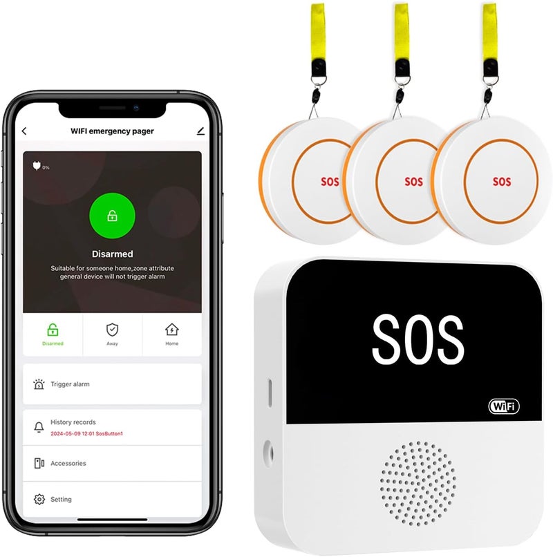 PILSAMAS زر استدعاء المساعد اللاسلكي 3 عبوات لكبار السن في المنزل، زر الذعر WIFI، زر المساعدة، إنذار لكبار السن مع إنذار صوتي وضوئي، تنبيه عبر التطبيق، زر الاستجابة الطارئة، جهاز استدعاء المساعد - Image 1